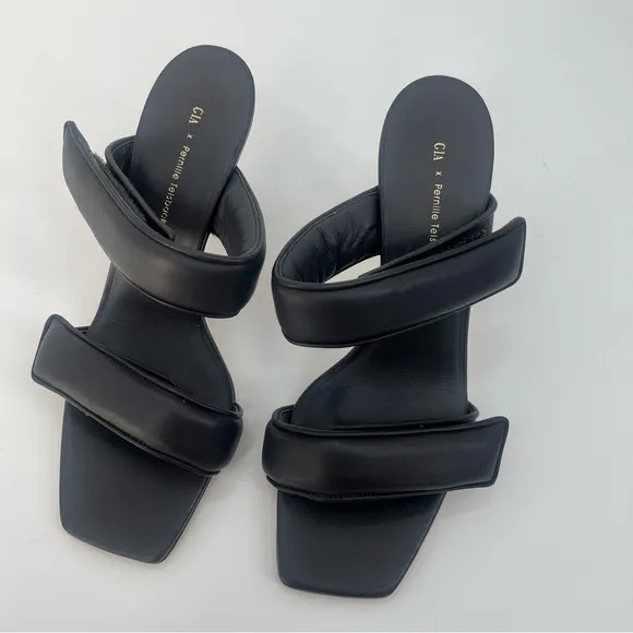 New GIA Borghini Pernille Teisbaek Black Perni Leather 2 Straps Slide Heel 10