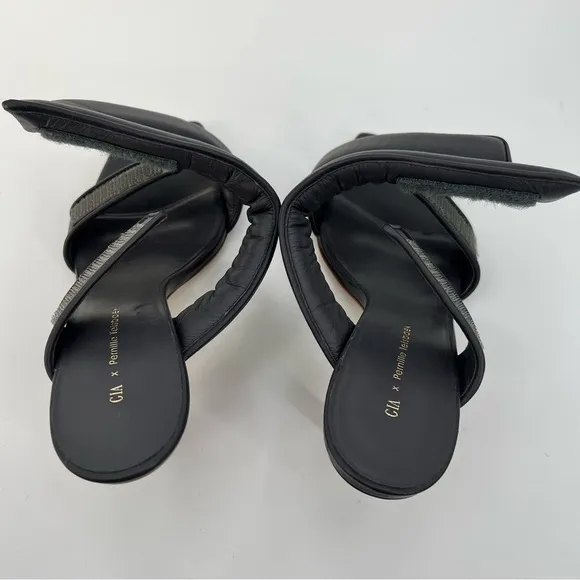 New GIA Borghini Pernille Teisbaek Black Perni Leather 2 Straps Slide Heel 10
