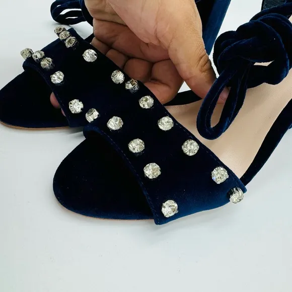 NEW Loeffler Randall Elayna Navy Blue Velvet Straps Block Heel Sandals