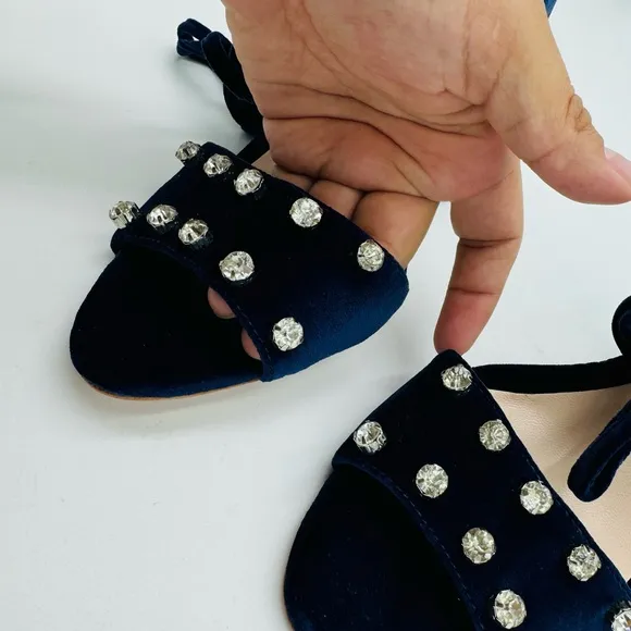 NEW Loeffler Randall Elayna Navy Blue Velvet Straps Block Heel Sandals