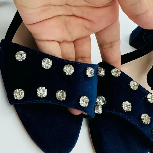 NEW Loeffler Randall Elayna Navy Blue Velvet Straps Block Heel Sandals
