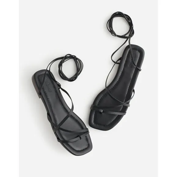 New Madewell The Carrie Lace-Up Sandal Flats Sz 8.5 Black Leather Strappy Summer