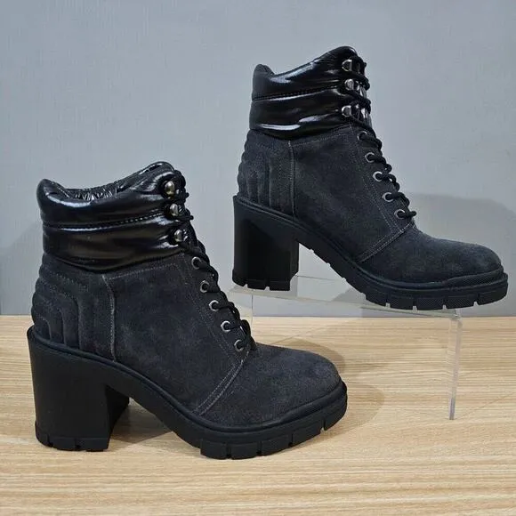 NEW Marc Fisher LTD Velima Boot Chunky Lug Sole Black Gray Leather Size 9