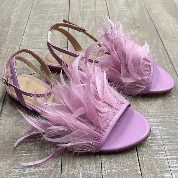 NEW! POUR LA VICTOIRE Layla Size 6 Feathered Leather Ankle Strap Sandals Purple