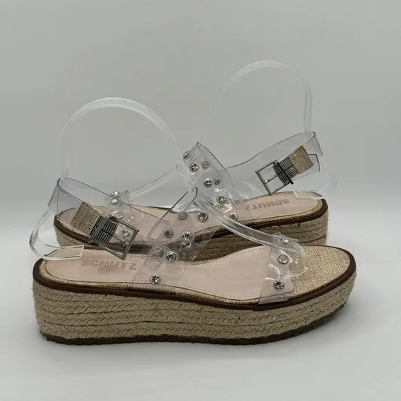 NEW SCHUTZ Cristiane Clear Embellished Wedge Espadrilles Size 6.5 MSRP $118