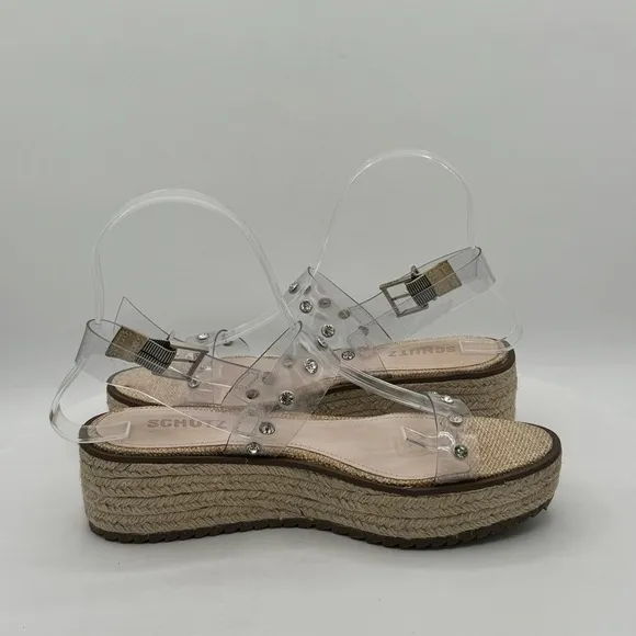 NEW SCHUTZ Cristiane Clear Embellished Wedge Espadrilles Size 6.5 MSRP $118