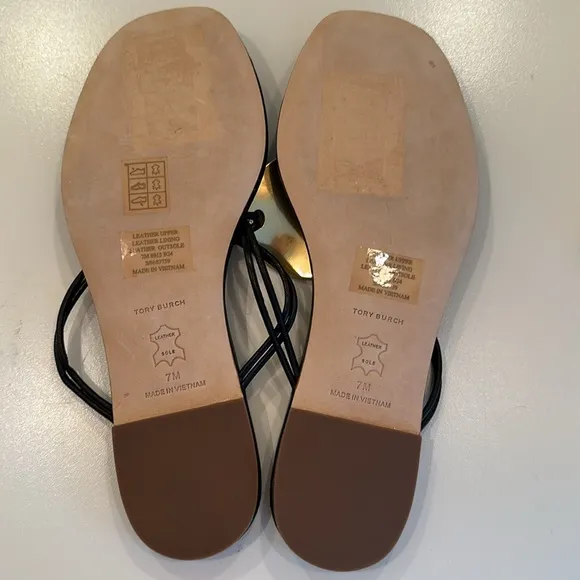 New Tory Burch Black and Gold Sandals with Metallic Accent. Size 7.
