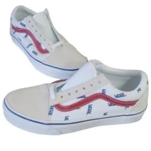 New Vans Old Skool Logo White Blue Red Sneakers Skate Casual Streetwear Shoes