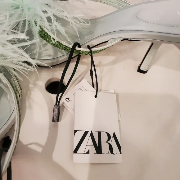 NEW Zara Feathered Heeled Sandals Size 10