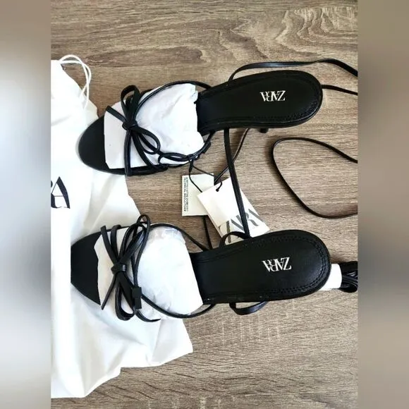 NEW ZARA TIED HEELED SANDALS THIN STRAPS TO TIE AROUND ANKLE THIN HEEL US 8...