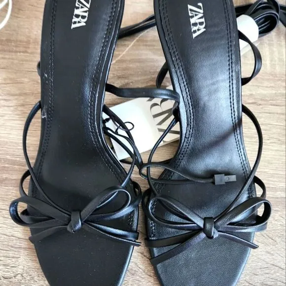 NEW ZARA TIED HEELED SANDALS THIN STRAPS TO TIE AROUND ANKLE THIN HEEL US 8...