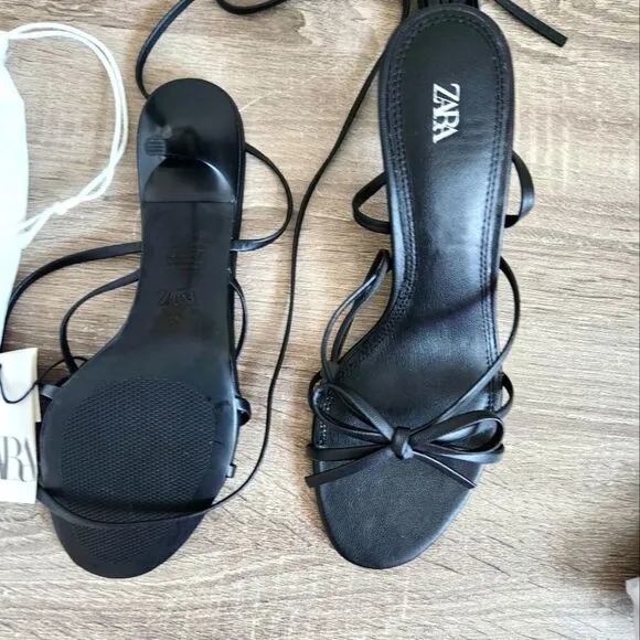 NEW ZARA TIED HEELED SANDALS THIN STRAPS TO TIE AROUND ANKLE THIN HEEL US 8...