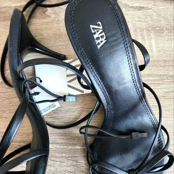 NEW ZARA TIED HEELED SANDALS THIN STRAPS TO TIE AROUND ANKLE THIN HEEL US 8...