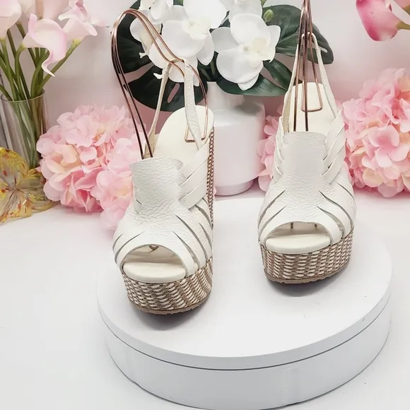 💋NEW💋JIMMY CHOO Perdita Leather Raffia Wedge Sandals
