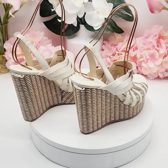 💋NEW💋JIMMY CHOO Perdita Leather Raffia Wedge Sandals