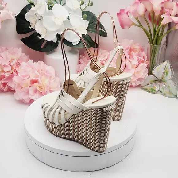 💋NEW💋JIMMY CHOO Perdita Leather Raffia Wedge Sandals