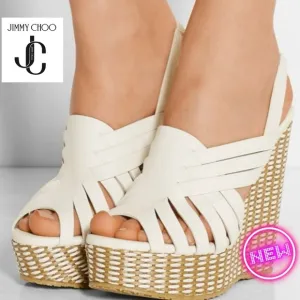 💋NEW💋JIMMY CHOO Perdita Leather Raffia Wedge Sandals
