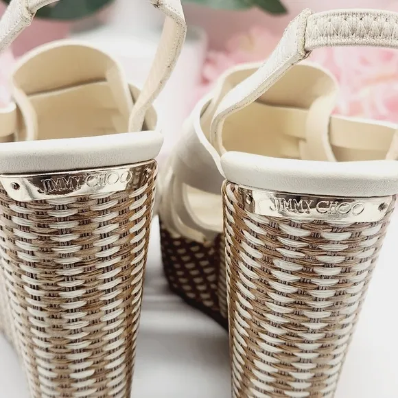 💋NEW💋JIMMY CHOO Perdita Leather Raffia Wedge Sandals