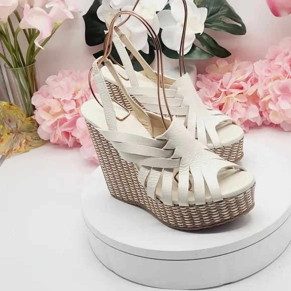 💋NEW💋JIMMY CHOO Perdita Leather Raffia Wedge Sandals