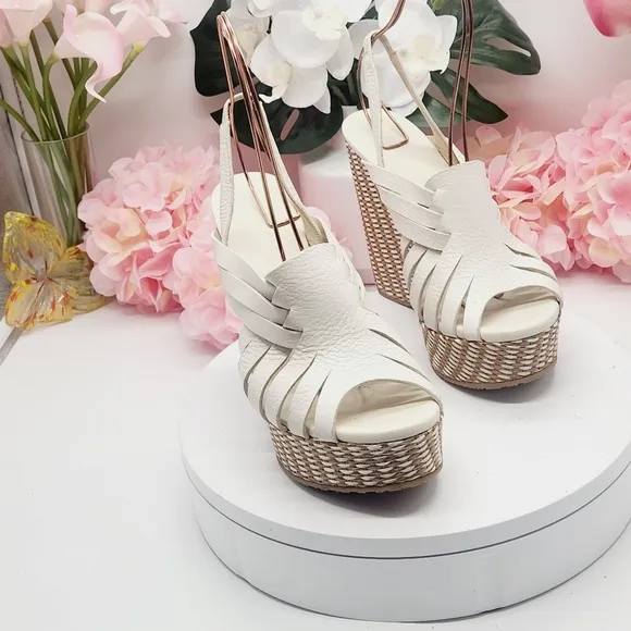 💋NEW💋JIMMY CHOO Perdita Leather Raffia Wedge Sandals