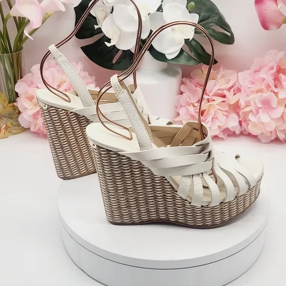 💋NEW💋JIMMY CHOO Perdita Leather Raffia Wedge Sandals