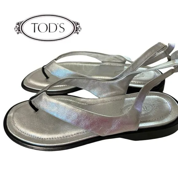 NEW TOD'S Women's Italy Wrapping Straps Thong Leather Silver Sandals 37  7