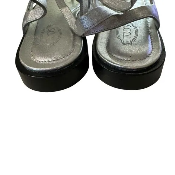 NEW TOD'S Women's Italy Wrapping Straps Thong Leather Silver Sandals 37  7