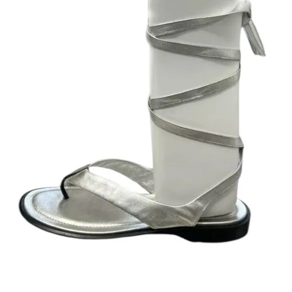 NEW TOD'S Women's Italy Wrapping Straps Thong Leather Silver Sandals 37  7