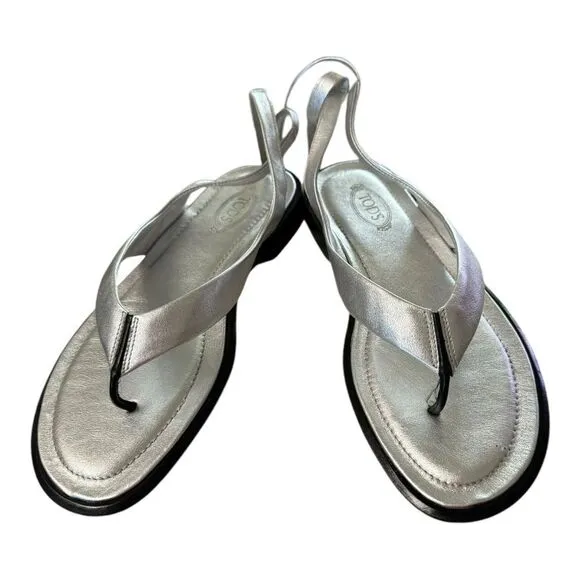 NEW TOD'S Women's Italy Wrapping Straps Thong Leather Silver Sandals 37  7