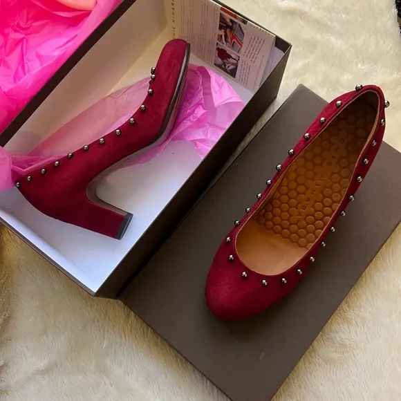 nib CHIE MIHARA Jamil Suede Studded Pump Heels in Red, size 7.5