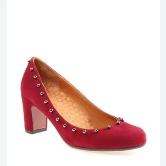 nib CHIE MIHARA Jamil Suede Studded Pump Heels in Red, size 7.5