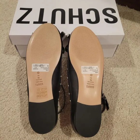 NIB Schutz Larissa Nappa Leather Flat Ballet Black Studded Women's Shoes 7
