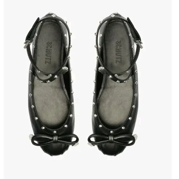 NIB Schutz Larissa Nappa Leather Flat Ballet Black Studded Women's Shoes 7