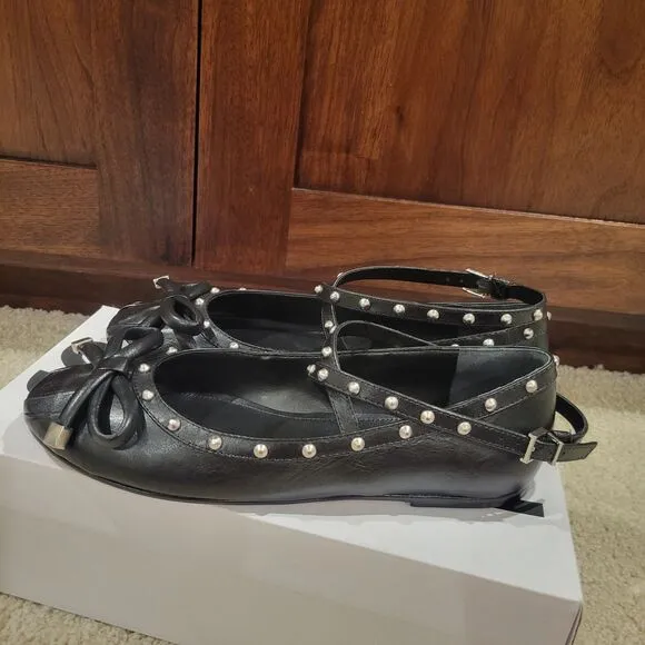 NIB Schutz Larissa Nappa Leather Flat Ballet Black Studded Women's Shoes 7