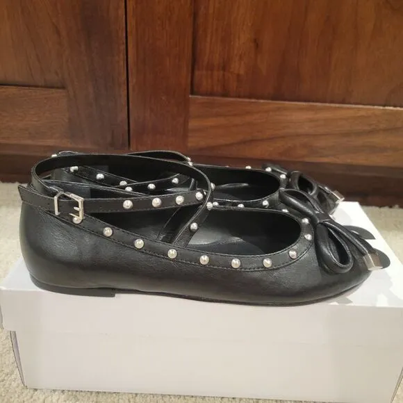 NIB Schutz Larissa Nappa Leather Flat Ballet Black Studded Women's Shoes 7