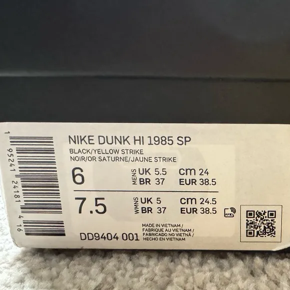Nike Dunk 1985 Black Yellow Acid Wash High Top Sneakers Men’s Size 6 Women’s 7.5