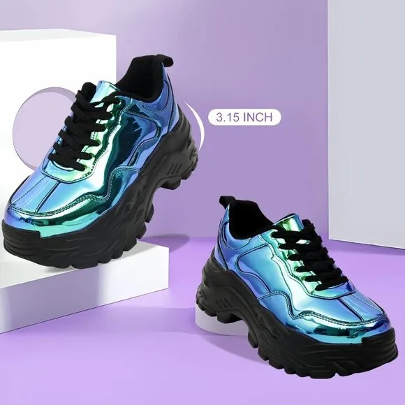 Niluber Tennis Shoes Women Size (6-8)  Blue Hologram KPU Chunky Sneakers .