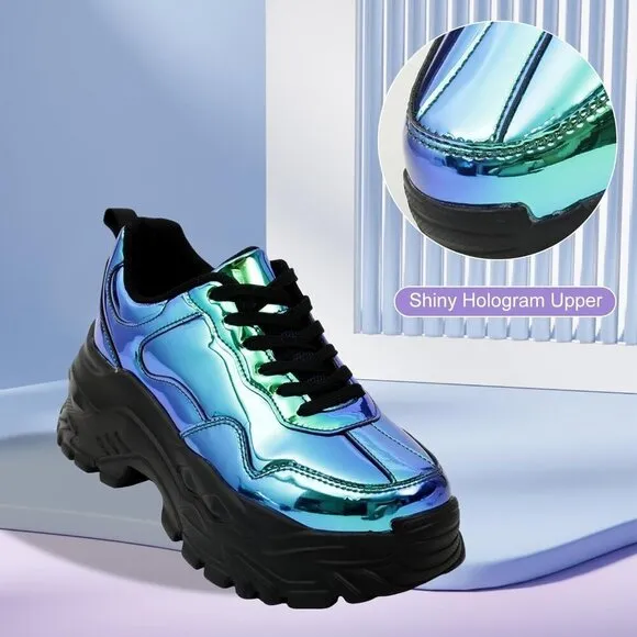 Niluber Tennis Shoes Women Size (6-8)  Blue Hologram KPU Chunky Sneakers .