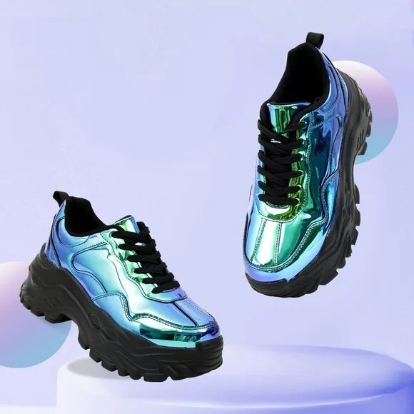 Niluber Tennis Shoes Women Size (6-8)  Blue Hologram KPU Chunky Sneakers .