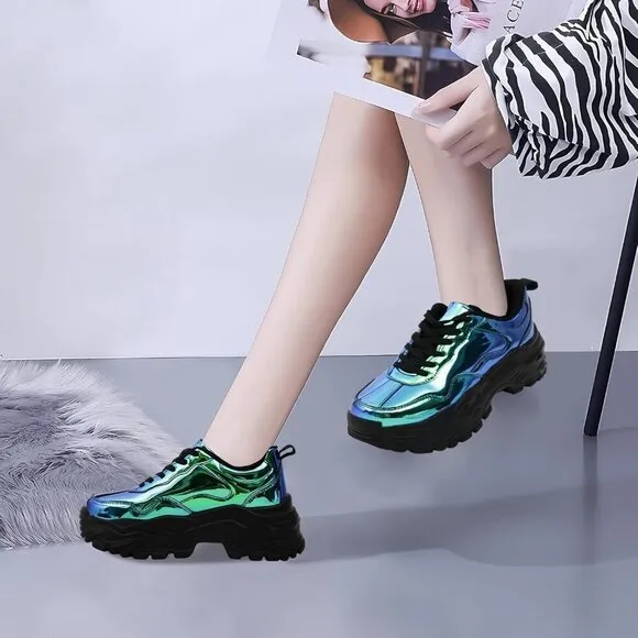 Niluber Tennis Shoes Women Size (6-8)  Blue Hologram KPU Chunky Sneakers .