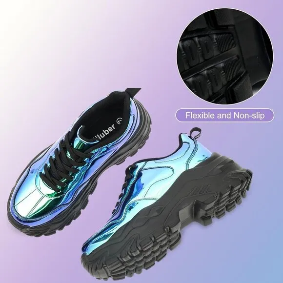 Niluber Tennis Shoes Women Size (6-8)  Blue Hologram KPU Chunky Sneakers .