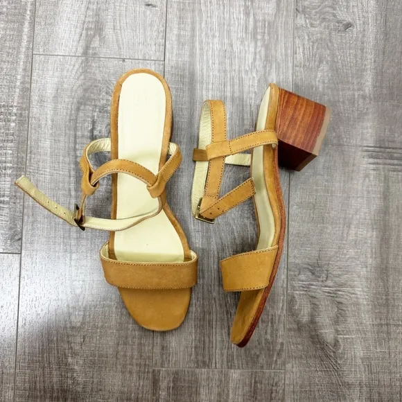 Nisolo Leather Lucia Sandals with Adjustable Ankle Strap Low Wooden Heel Size 10