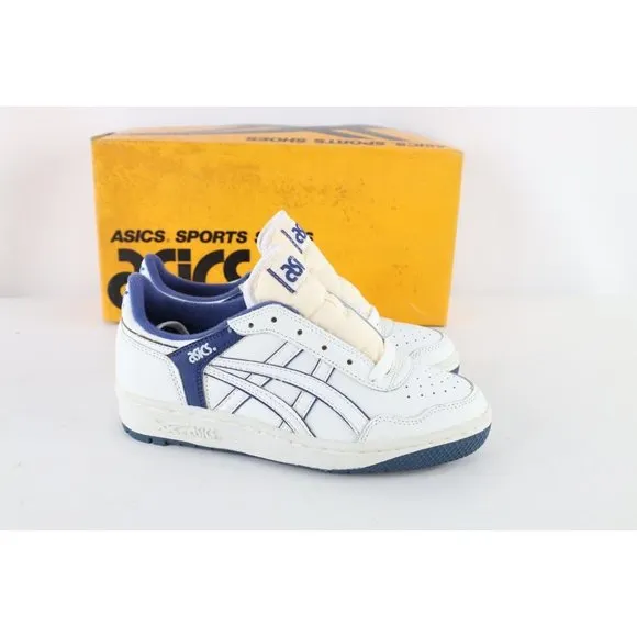 NOS Vintage 90s Asics Boys Size 5.5 Spell Out Outrage Sneakers Shoes White Blue