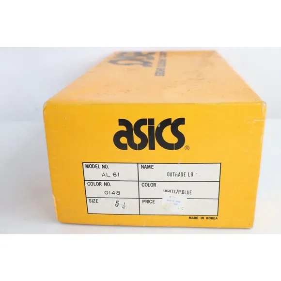 NOS Vintage 90s Asics Boys Size 5.5 Spell Out Outrage Sneakers Shoes White Blue
