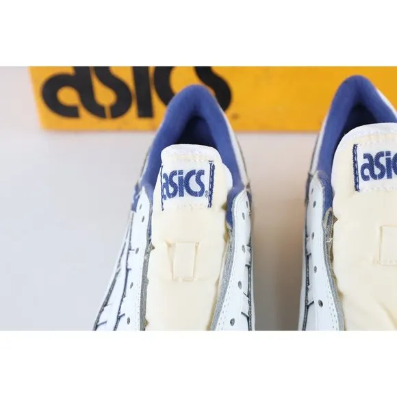 NOS Vintage 90s Asics Boys Size 5.5 Spell Out Outrage Sneakers Shoes White Blue