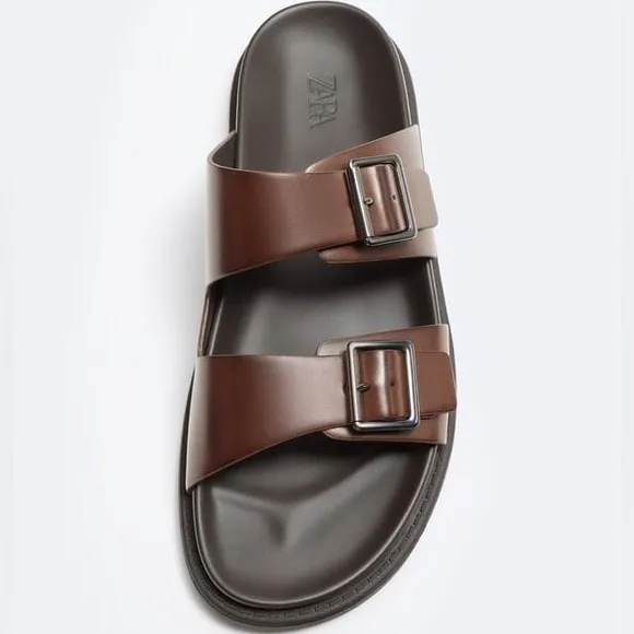 NWOT. Zara Man Brown Sandals with Two Wide Buckled Straps. Size 9.
