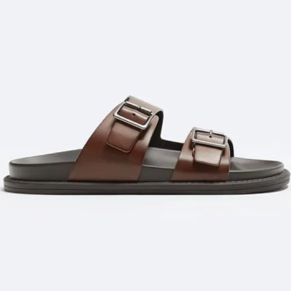 NWOT. Zara Man Brown Sandals with Two Wide Buckled Straps. Size 9.