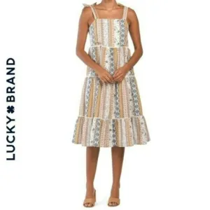 NWT Lucky Brand Floral Stripe Shoulder Tie Smock Tiered Dobby Cotton Midi Dress