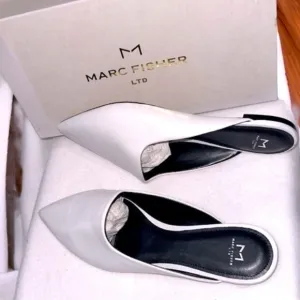 NWT Marc Fisher White Sheen Flat Slip on Leather Mules shoes Sz 10 NIB $130
