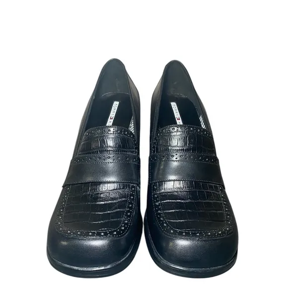 NWT Vintage Tommy Hilfiger Black Leather Chunky Heel Womens Platform Shoes   9.5